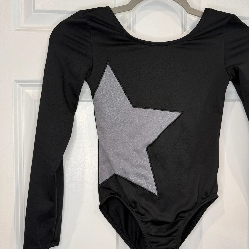 More Than Magic Girls Black Long Sleeve Gymnastics Leotard Silver Star Size 7/8